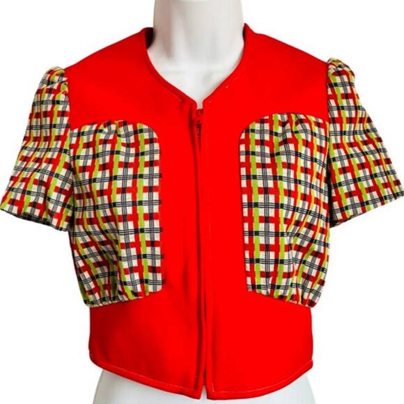 Vintage 70s Zip Front Red Blue Cropped Short Sleeve Bolero Jacket S NEW Tags - Picture 1 of 9